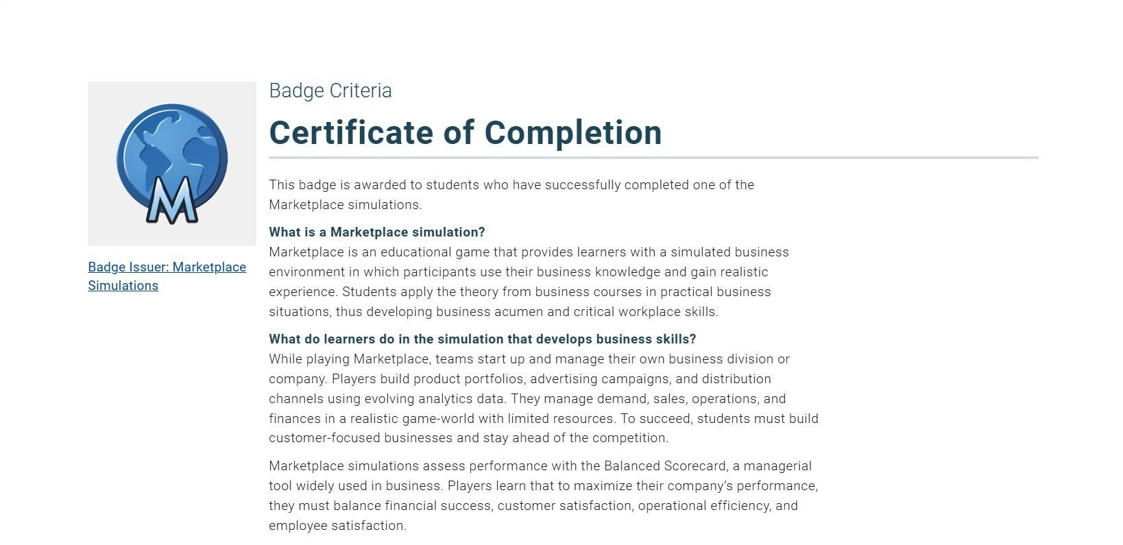 Marketplace Simulations Certificate